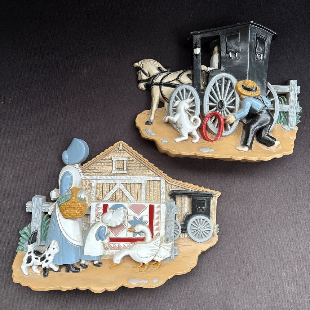 Vintage Amish Wall Hanging Goose Geese Girl Horse And Buggy Set Of 2 Burwood